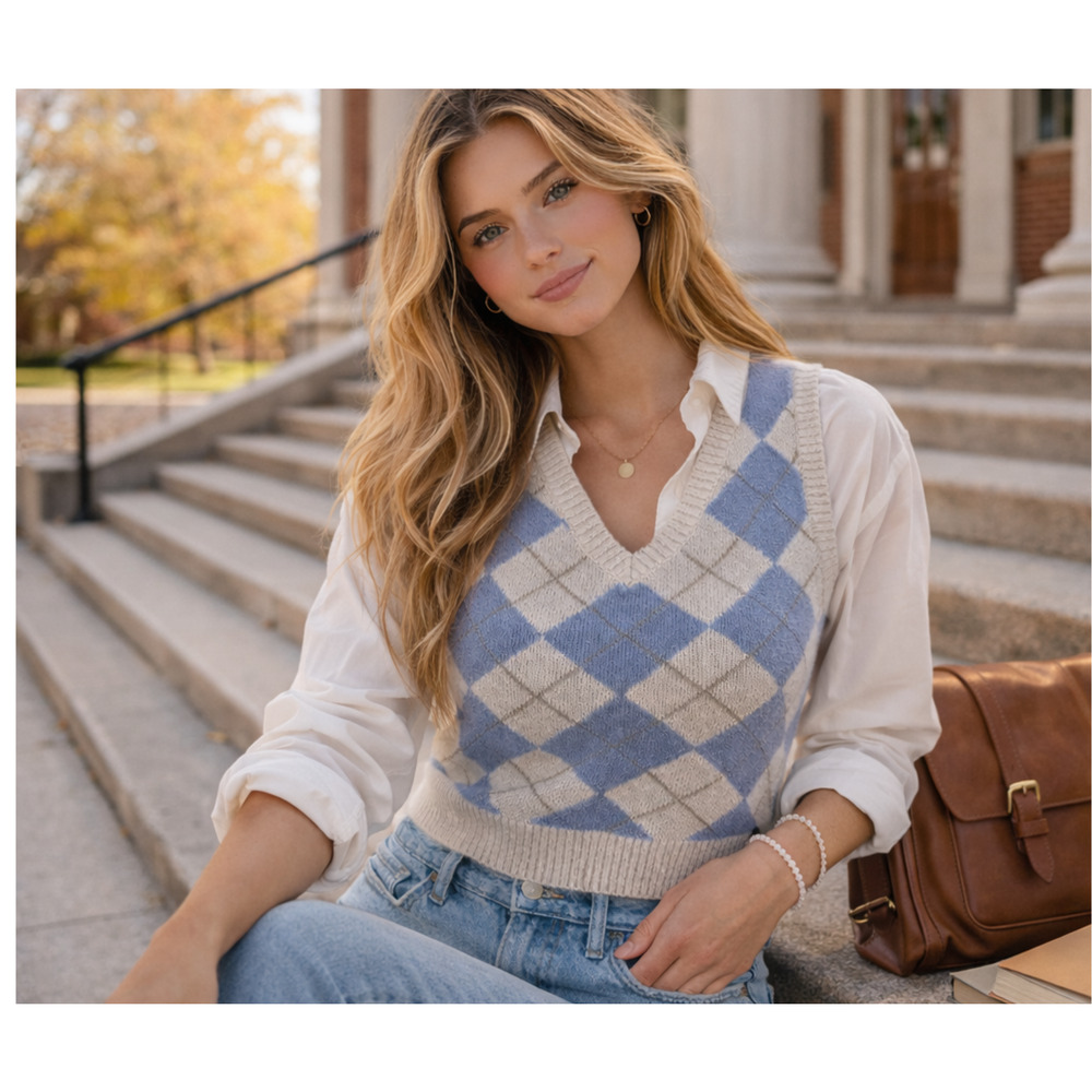 Hollister L Blue Academia Preppy Y2K Argyle Crop V Neck Old Money Sweater Vest